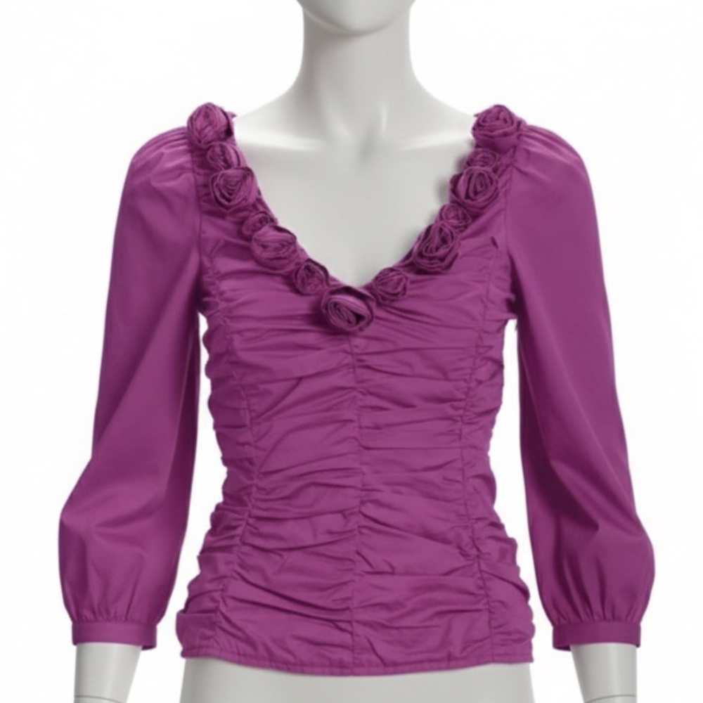 • Boston Proper • Rosette Ruched Poplin Blouse • - Picture 2 of 9